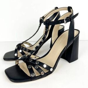 Marc Fisher Quilon Studded Heeled Sandal Women's Block T-Strap Black Size 9 1/2